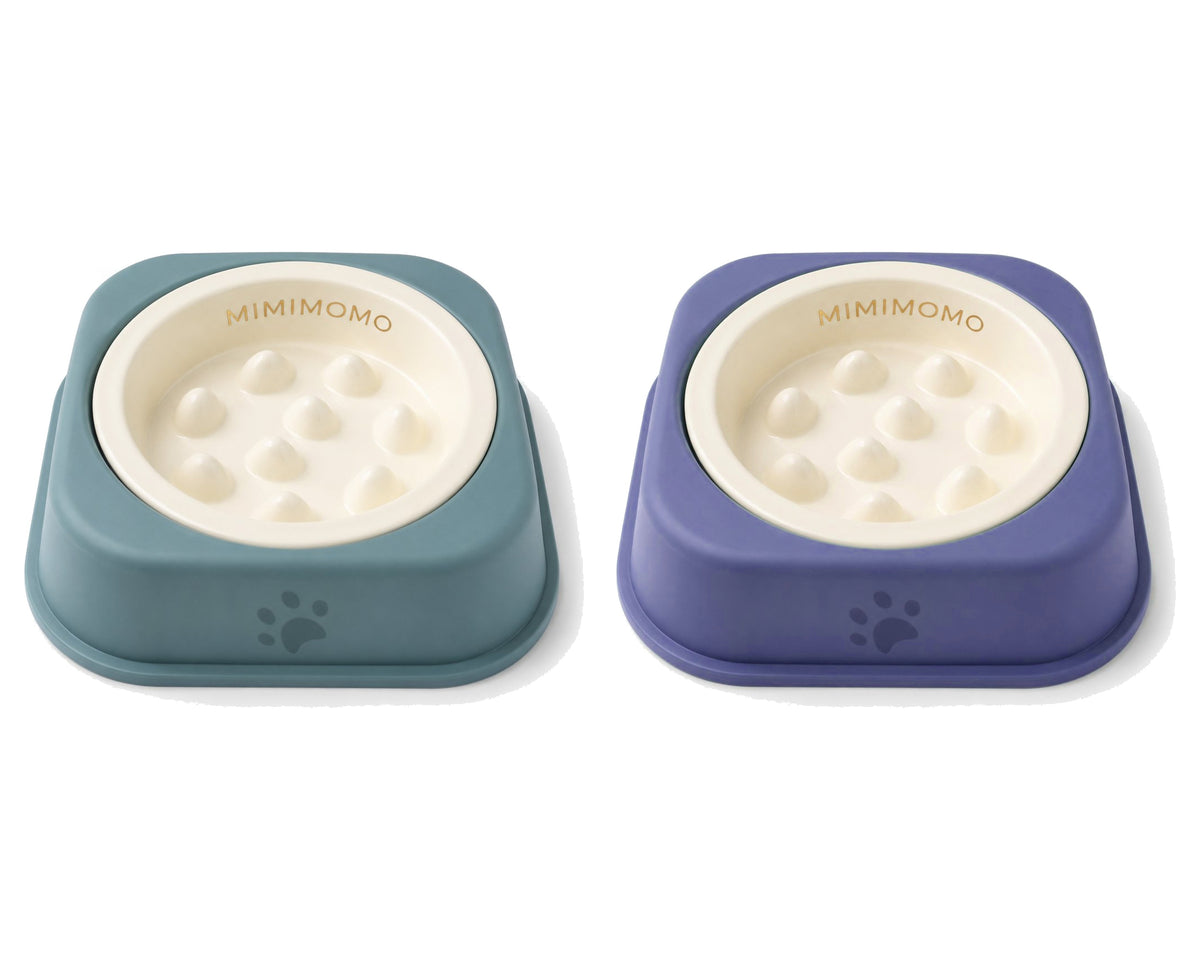 MIMIMOMO ceramic slow feeder bowls in Sage Blue and Lavender Mist